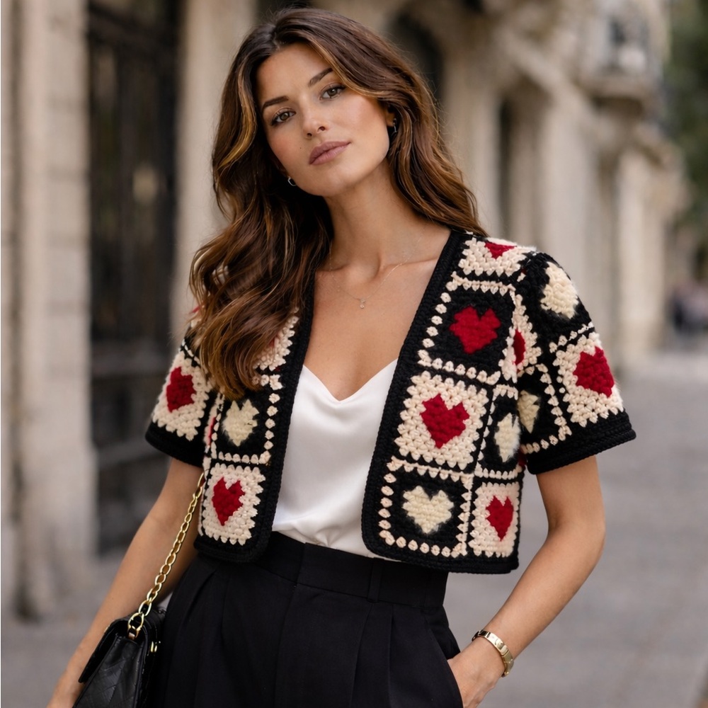 SEMS EYES Heart Motif Crochet Cropped Cardigan | Parisian Statement Knit | S/M